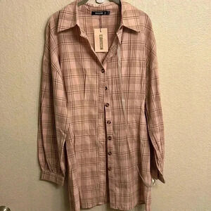 Misguided Women Cinched Waist Shirt Mini Dress Pink Plaid Size 8